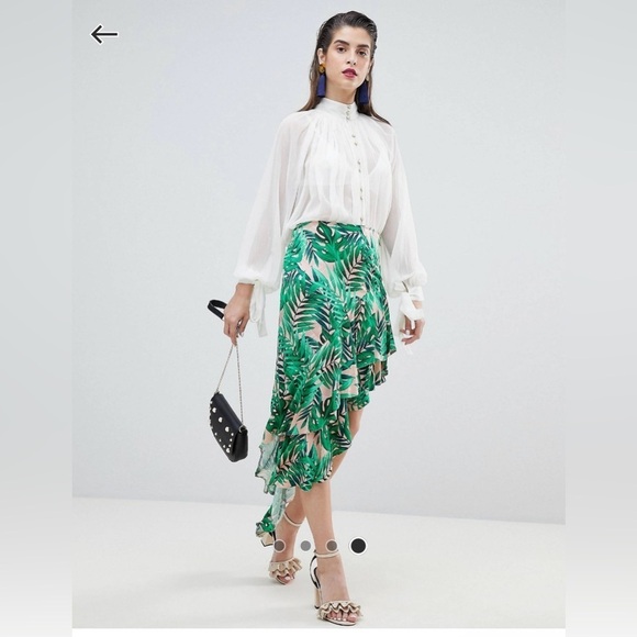 🌴 River Island Green Tropical Satin Skirt | Asymmetrical Ruffle Midi - Picture 4 of 10